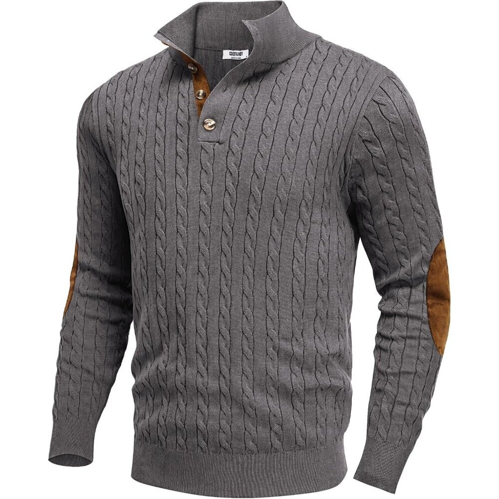 Men's Cable Knitted Pullover Sweaters Long Sleeve Stand Collar Button Up Gray
